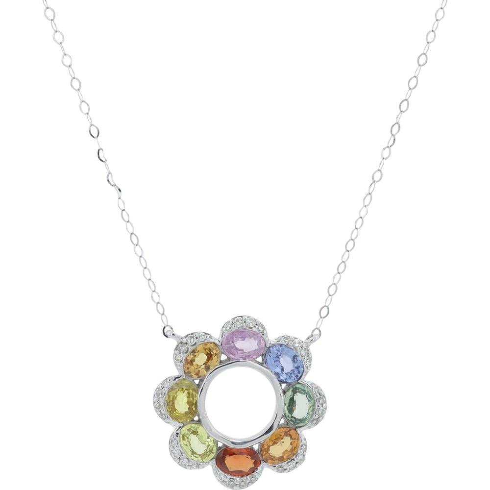 14K White Gold Multi Sapphire Flower Necklace with 1.75 Carat Total Sapphire and 0.15 Carat Diamond Halo