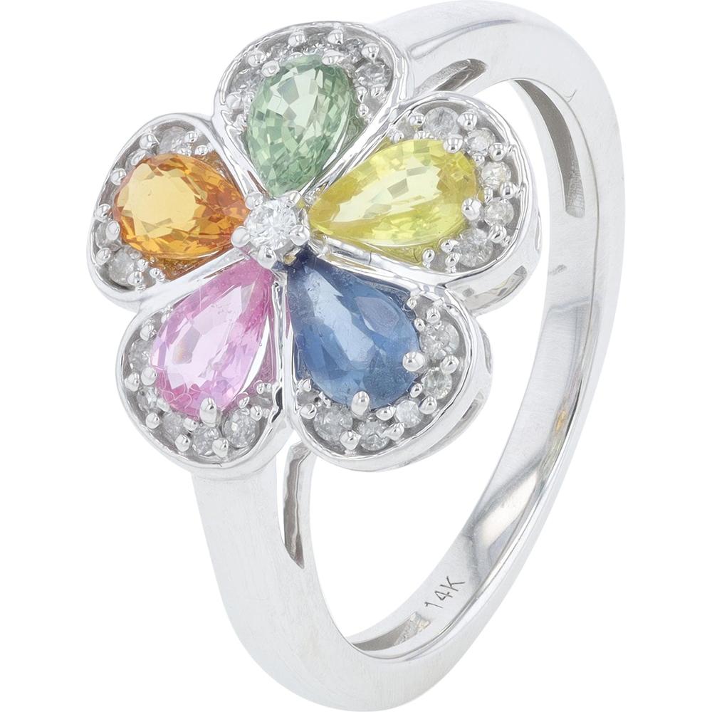 14K White Gold Multi Sapphire Flower Ring with Diamond Accent - 1.50 Carat Total Sapphire Weight