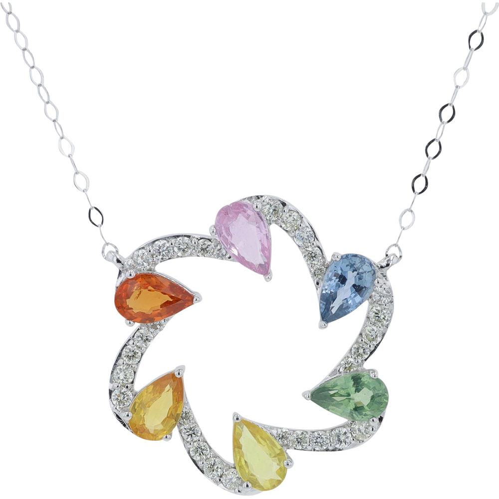 14K White Gold Multi Sapphire Pendant with 1.50 Carat Total Sapphires and 0.25 Carat Diamond Halo