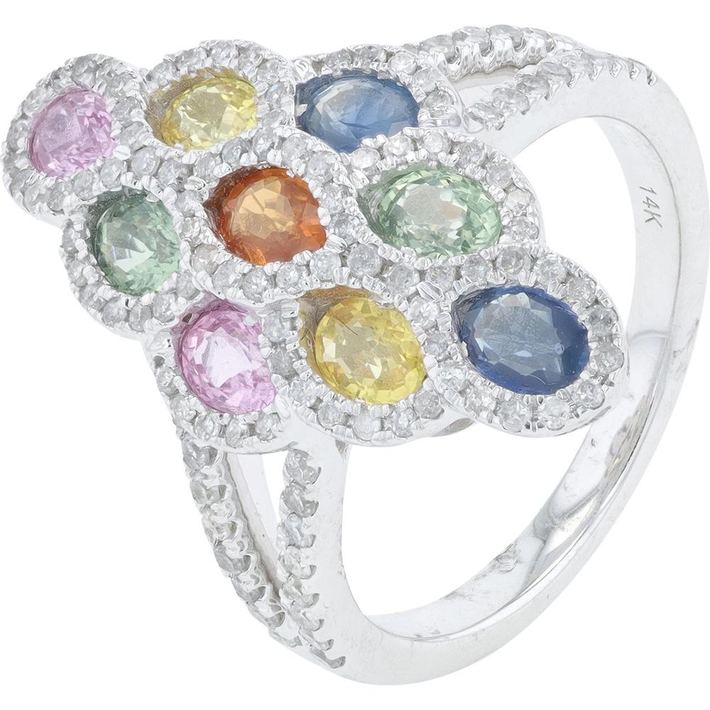 14K White Gold Multi Sapphire Shield Ring with Diamond Accents - 2.00 Carat Total Sapphire Weight, 1.00 Carat Total Diamond Weight