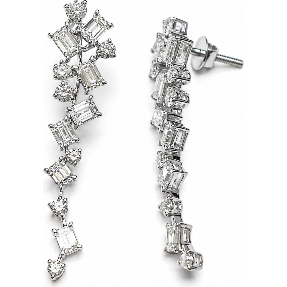 14K White Gold Multi-Shape Drop Earrings with Emerald Cut and Round Diamonds - 3.26 Carat Total Diamond Weight by Auriventus
