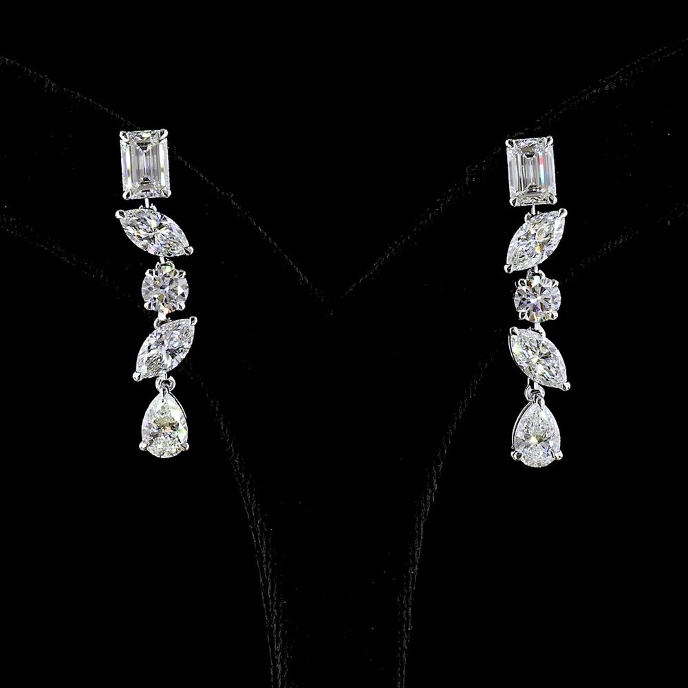 14K White Gold Multi-Shape Drop Earrings with Emerald, Marquise, Round, and Pear Lab Diamonds - 7.14 Carat Total Weight - Covaloro Fine Jewelry