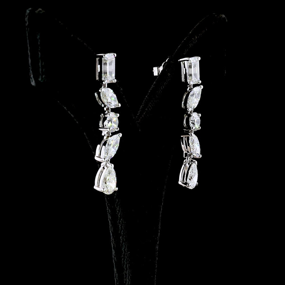 14K White Gold Multi-Shape Drop Earrings with Emerald, Marquise, Round, and Pear Lab Diamonds - 7.14 Carat Total Weight - Covaloro Fine Jewelry