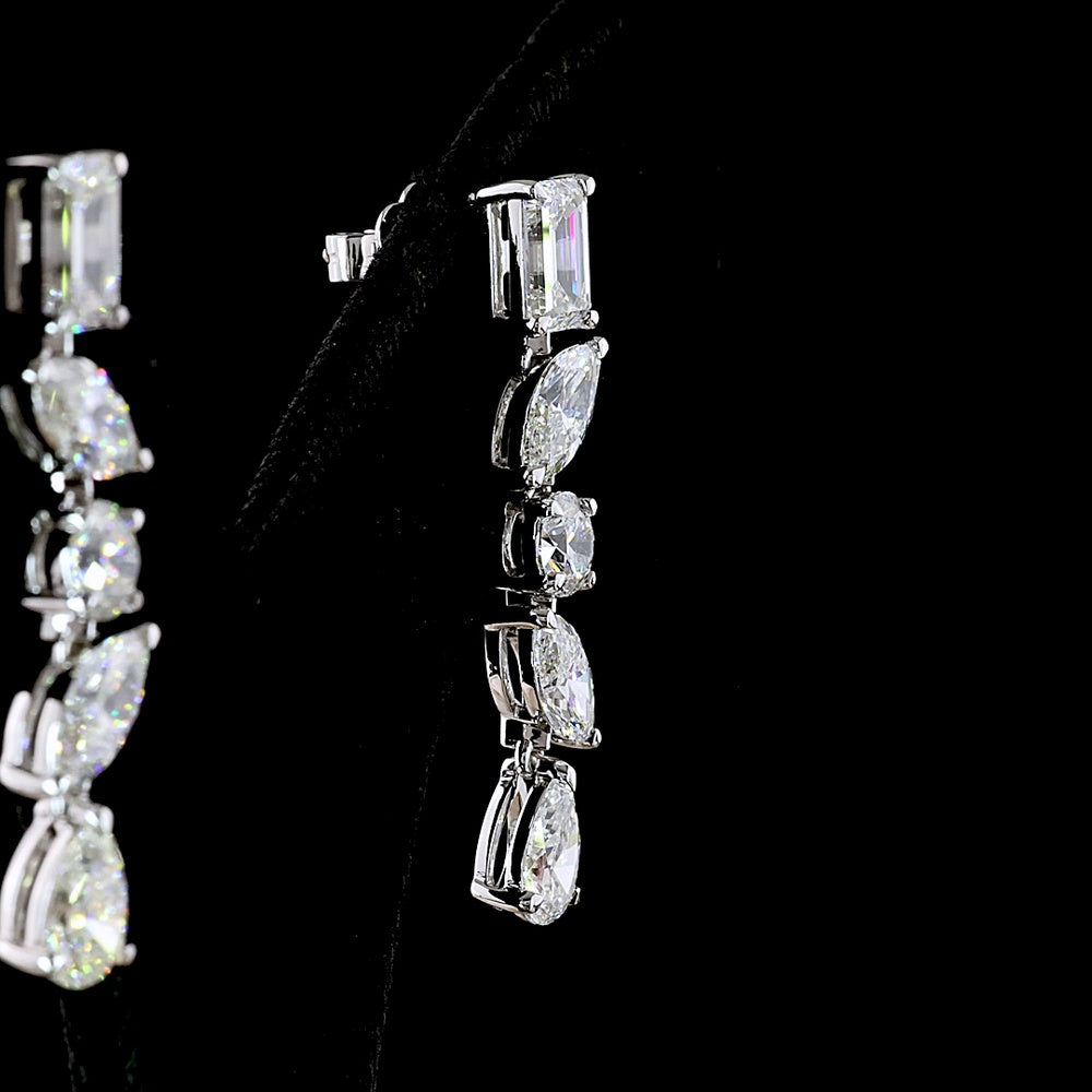 14K White Gold Multi-Shape Drop Earrings with Emerald, Marquise, Round, and Pear Lab Diamonds - 7.14 Carat Total Weight - Covaloro Fine Jewelry