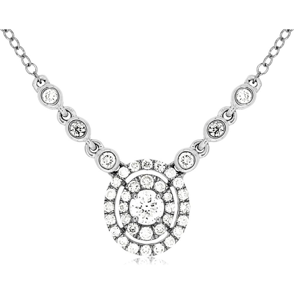 14K White Gold Multi-Station Double Halo Diamond Necklace with Bezel Set Accents - 0.54 Carat Total Diamond Weight - Royal Jewelry