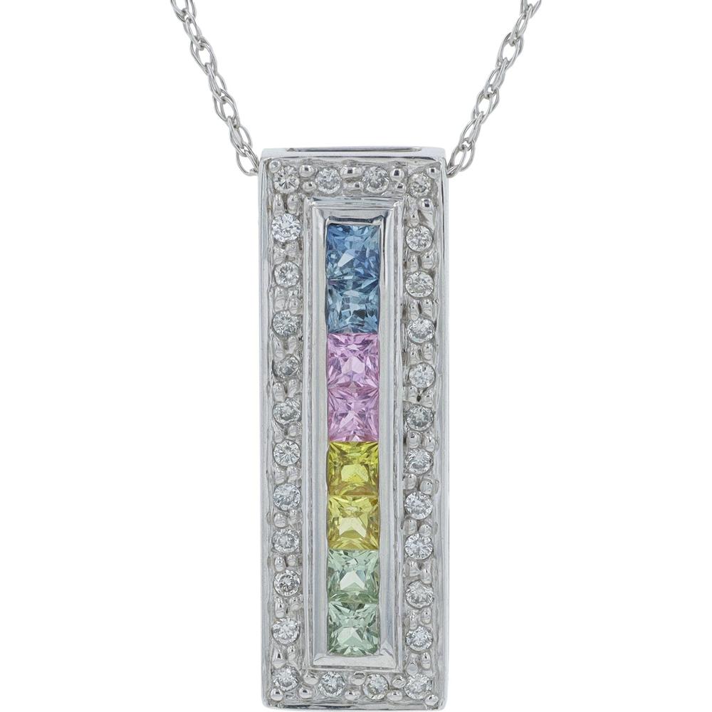 14K White Gold Multicolor Princess Cut Sapphire Pendant with Diamond Halo - 0.40 Carat Total Sapphire Weight, 0.25 Carat Total Diamond Weight
