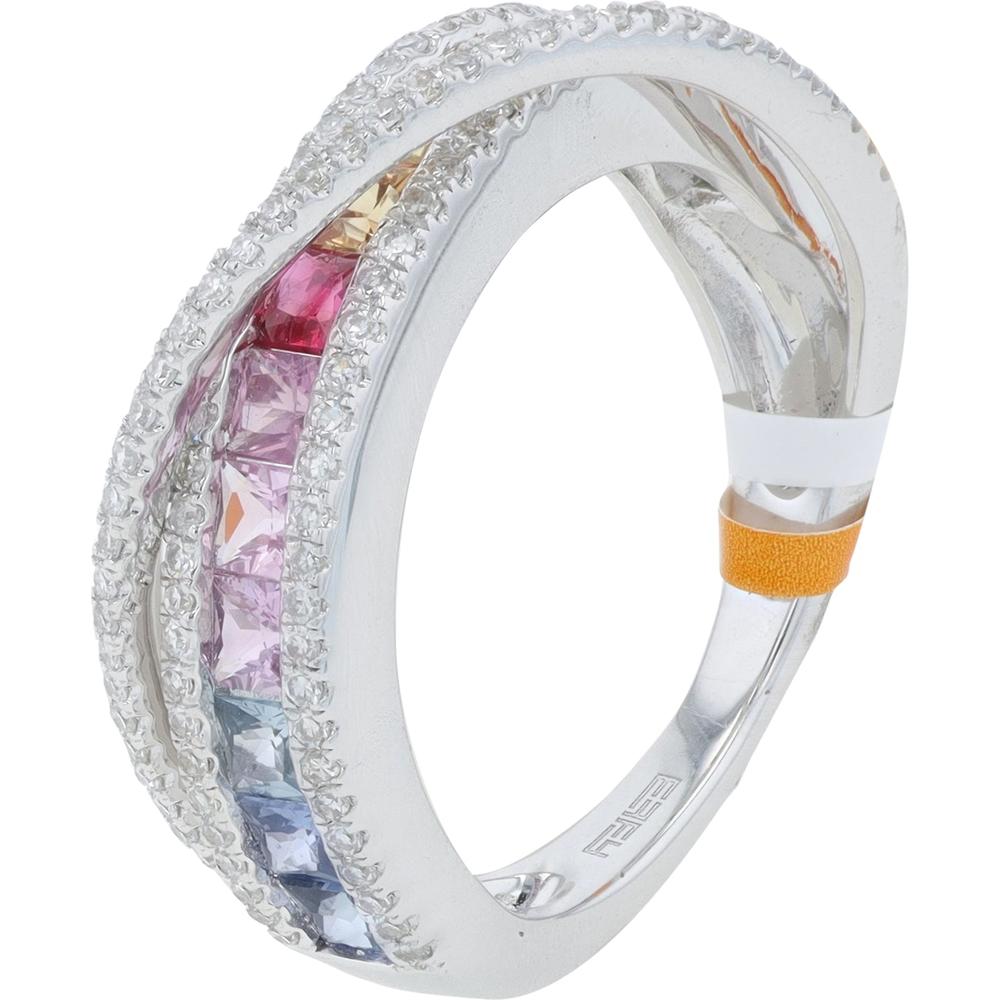 14K White Gold Multicolor Sapphire and Diamond Cross Over Band - 1.25 Carat Sapphire, 0.34 Carat Diamond Total Weight