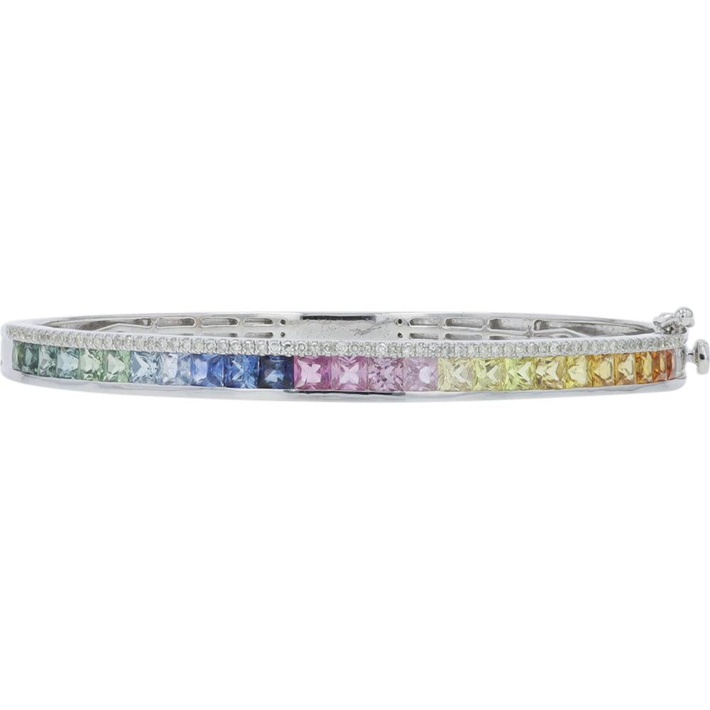 14K White Gold Multicolor Sapphire Bangle with Diamond Accents - 3.85 Carat Total Sapphire Weight, 0.30 Carat Total Diamond Weight