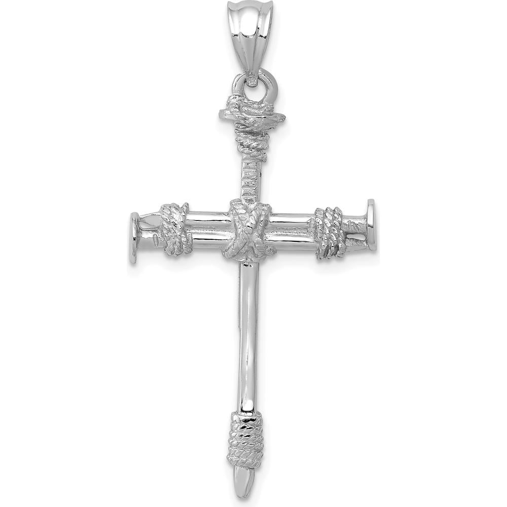 14K White Gold Nail Cross Pendant with Rope Detailing - Rhodium Plated by Oro Pregiato