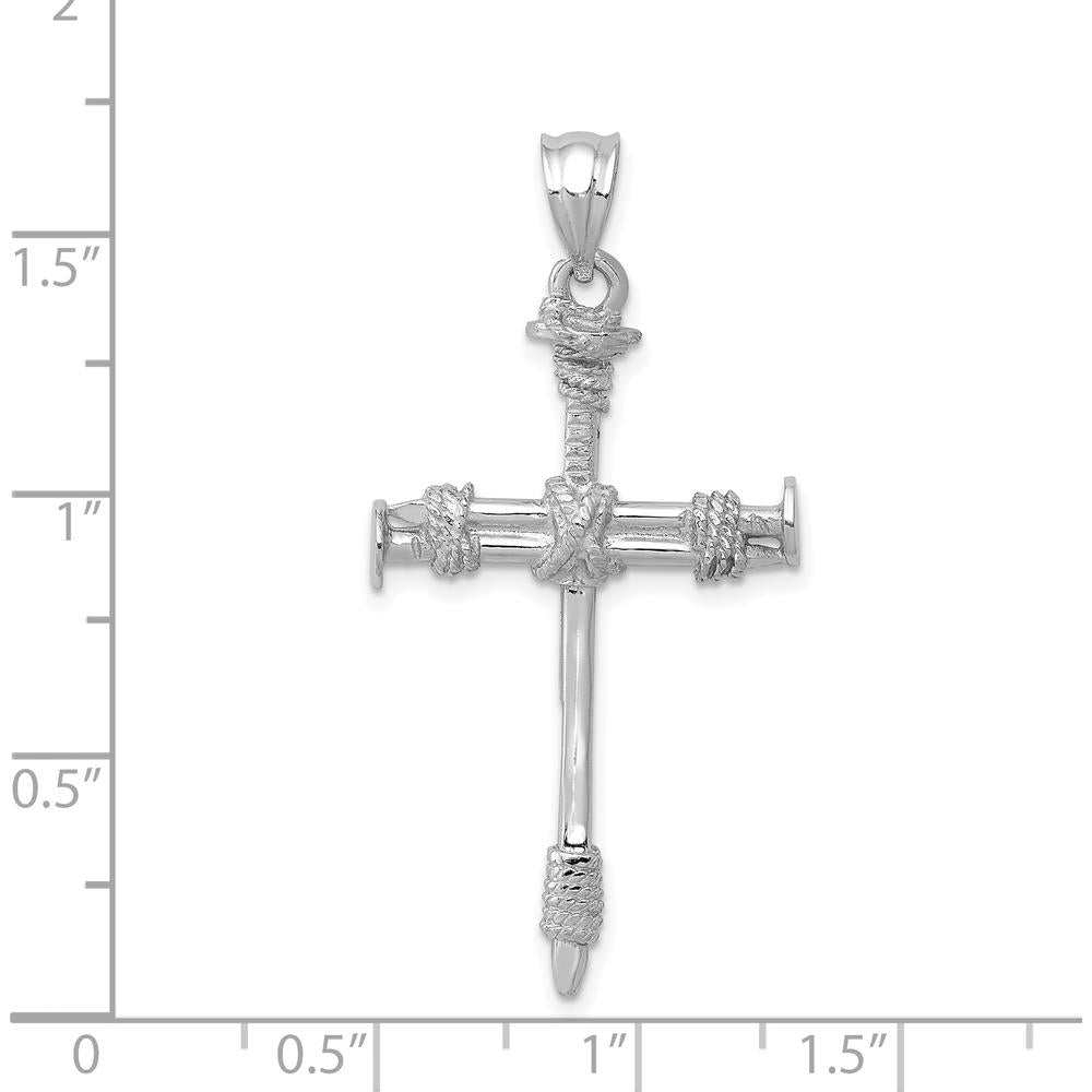 14K White Gold Nail Cross Pendant with Rope Detailing - Rhodium Plated by Oro Pregiato