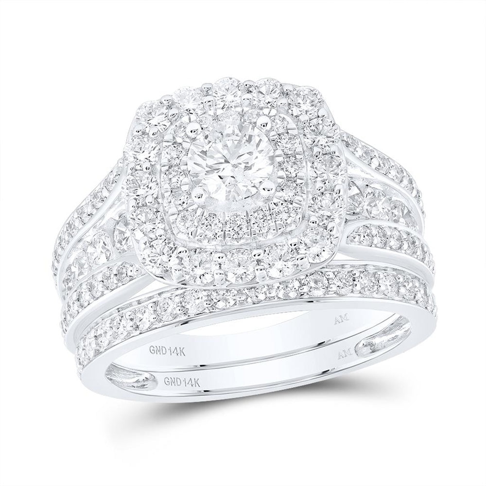 14K White Gold Natural Diamond Cushion Double Halo Bridal Set - 2 Carat Total Diamond Weight