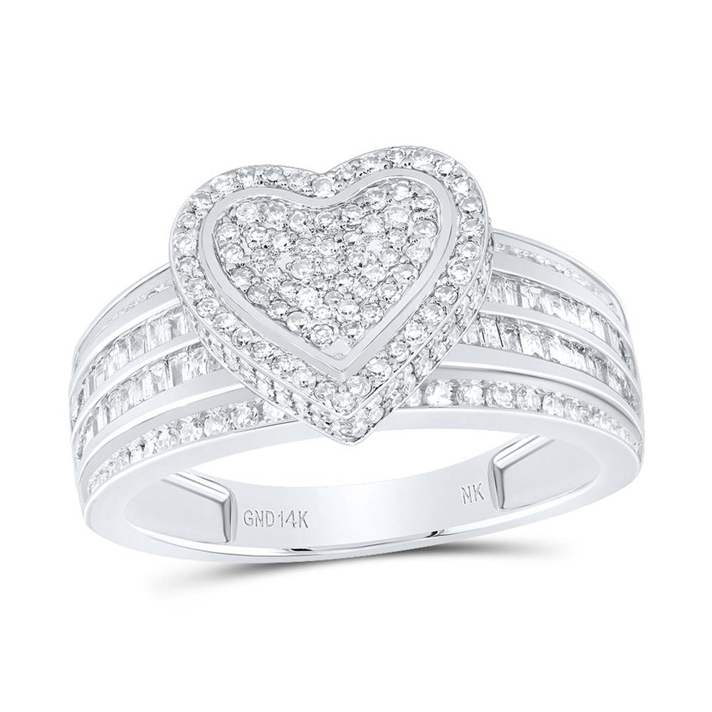 14K White Gold Natural Diamond Heart Ring - 3/4 Carat Total Diamond Weight