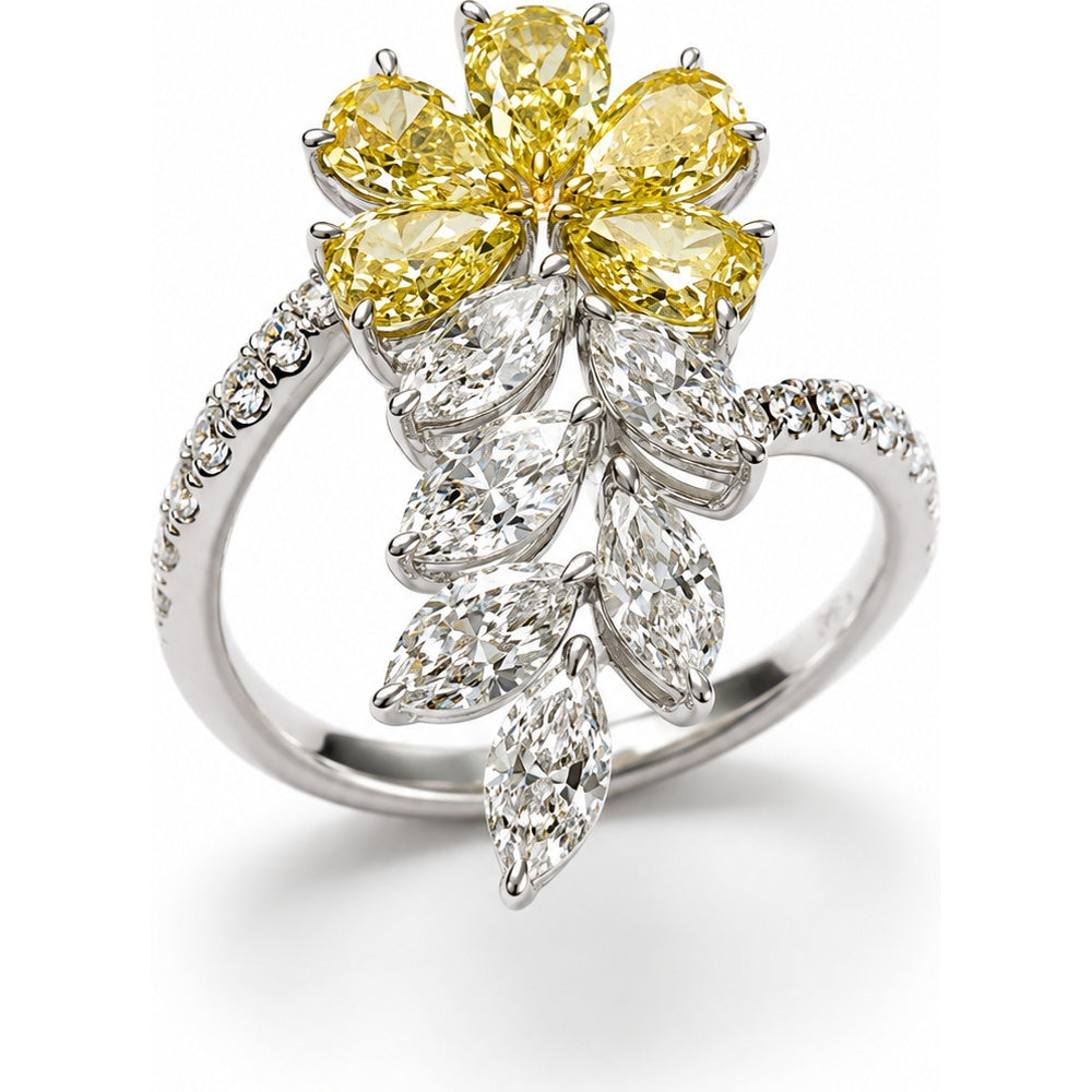 14K White Gold Nature Inspired Floral Fashion Ring with Pear Fancy Yellow and Marquise Lab Grown Diamonds - 3.10 Carat Total Diamond Weight by Auriventus