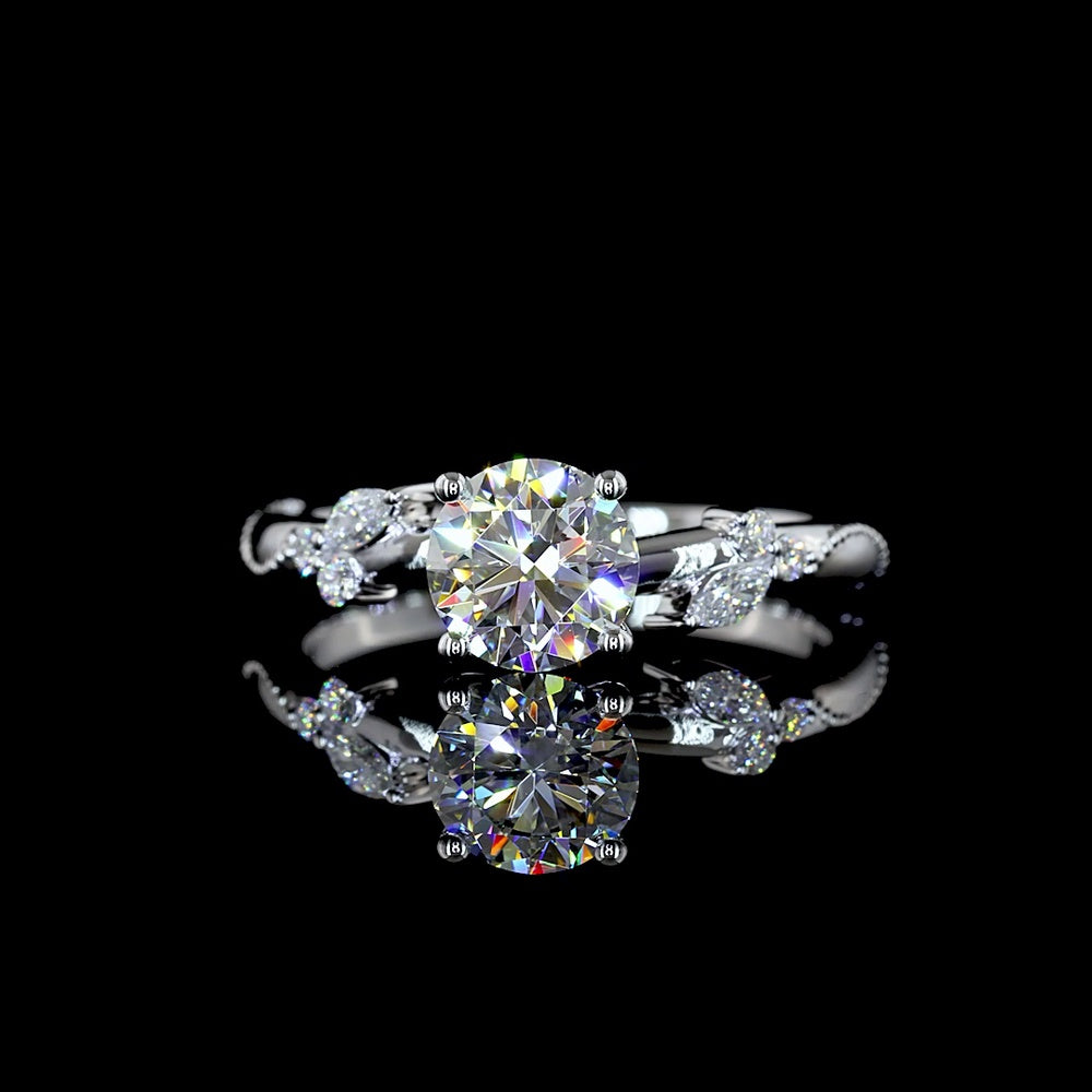 14K White Gold Nature Inspired Ring with 1.00 Carat Round Brilliant Cut Lab Diamond and Leaf Motif Marquise Accents - 1.11 Carats Total Diamond Weight - Covaloro Fine Jewelry