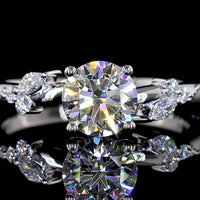 14K White Gold Nature Inspired Ring with 1.00 Carat Round Brilliant Cut Lab Diamond and Leaf Motif Marquise Accents - 1.11 Carats Total Diamond Weight - Covaloro Fine Jewelry