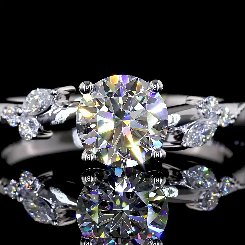14K White Gold Nature Inspired Ring with 1.00 Carat Round Brilliant Cut Lab Diamond and Leaf Motif Marquise Accents - 1.11 Carats Total Diamond Weight - Covaloro Fine Jewelry