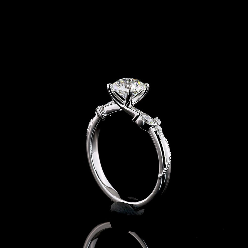 14K White Gold Nature Inspired Ring with 1.00 Carat Round Brilliant Cut Lab Diamond and Leaf Motif Marquise Accents - 1.11 Carats Total Diamond Weight - Covaloro Fine Jewelry