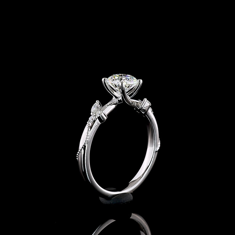 14K White Gold Nature Inspired Ring with 1.00 Carat Round Brilliant Cut Lab Diamond and Leaf Motif Marquise Accents - 1.11 Carats Total Diamond Weight - Covaloro Fine Jewelry