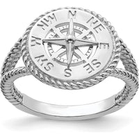 14K White Gold Nautical Compass Rope Ring with Rhodium Plating - Adjustable Size 5-8.5 by 0