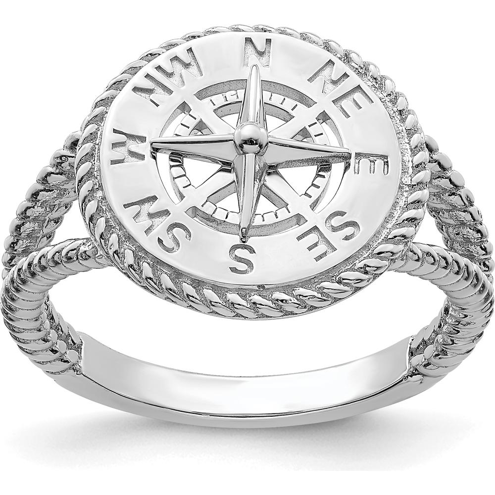 14K White Gold Nautical Compass Rope Ring with Rhodium Plating - Adjustable Size 5-8.5 by 0