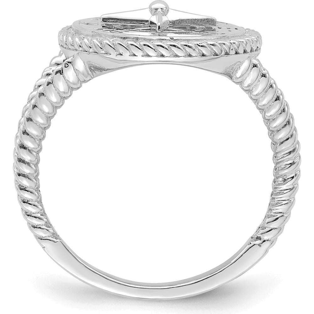 14K White Gold Nautical Compass Rope Ring with Rhodium Plating - Adjustable Size 5-8.5 by 0