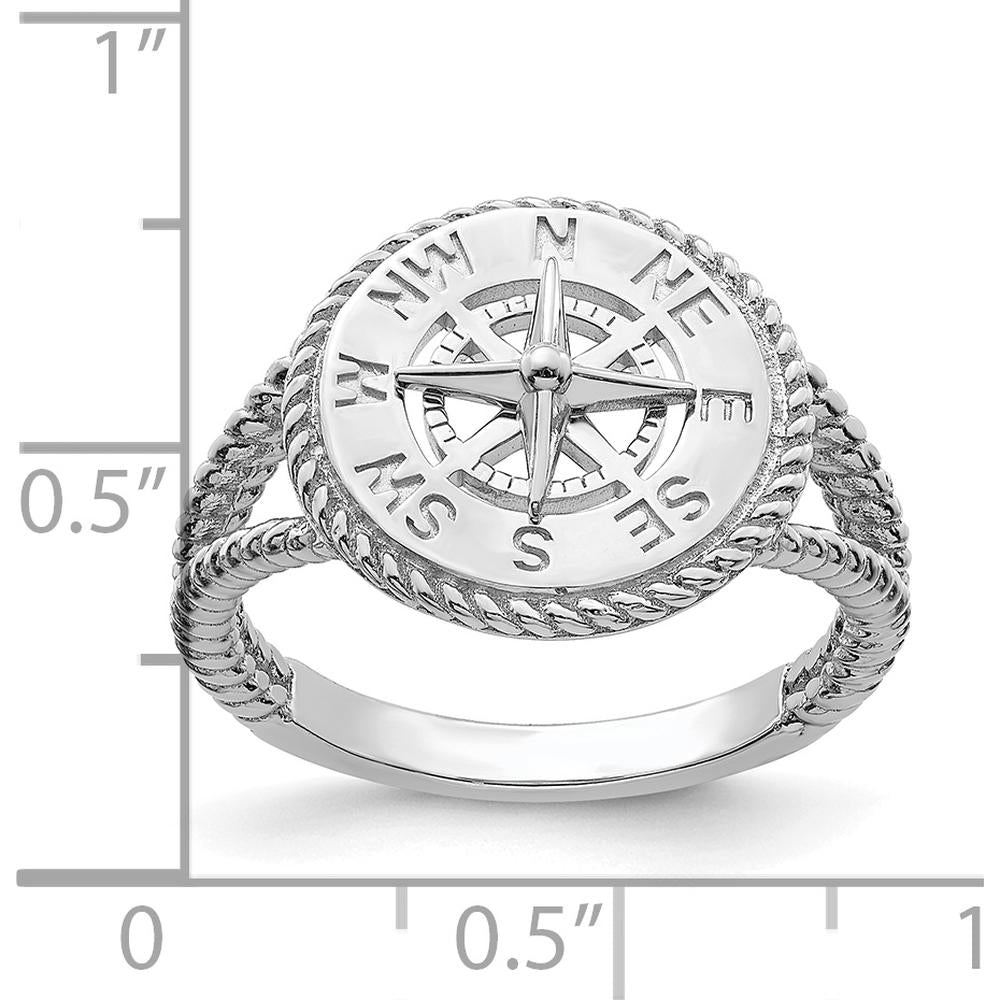 14K White Gold Nautical Compass Rope Ring with Rhodium Plating - Adjustable Size 5-8.5 by 0
