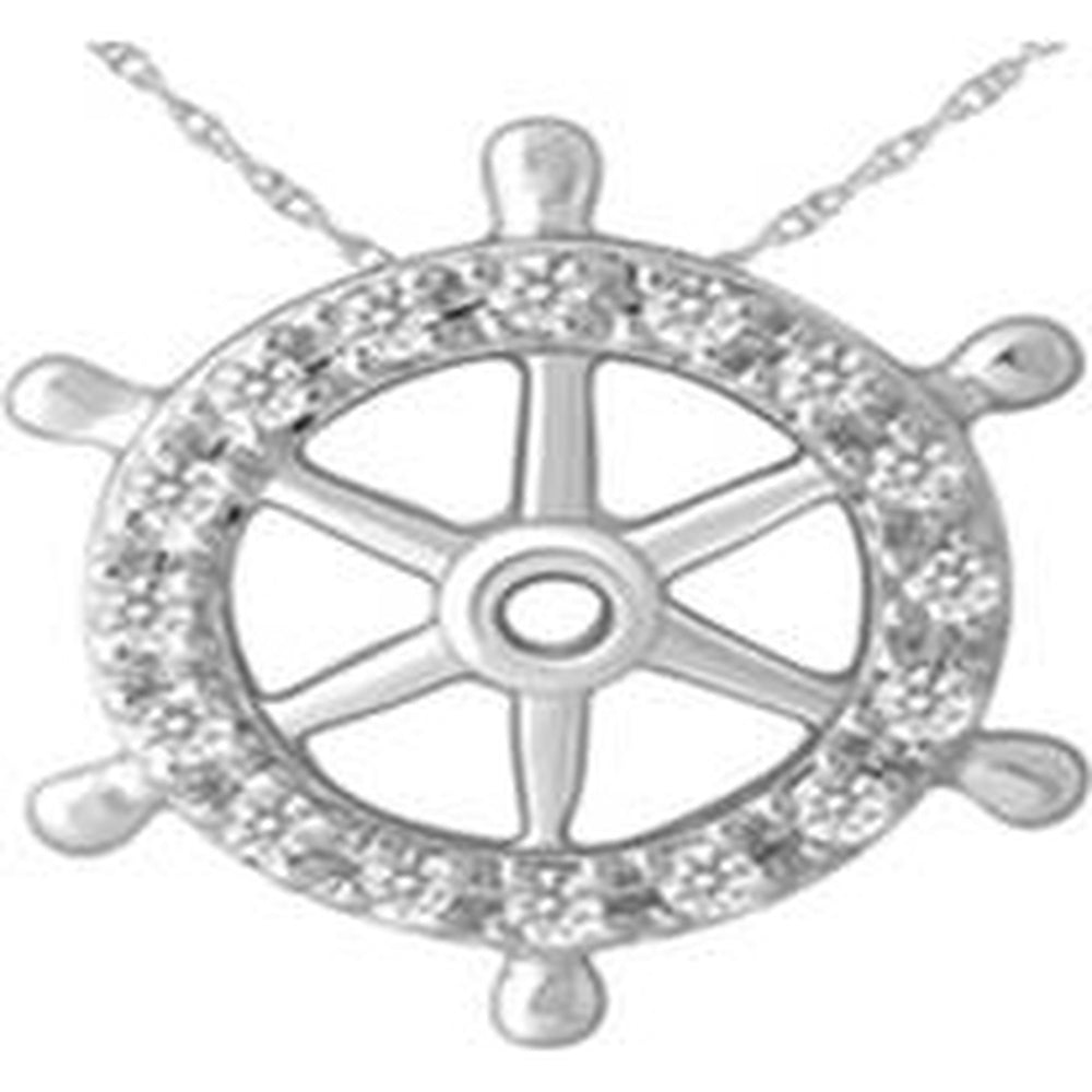 14K White Gold Nautical Ship Wheel Pendant with Prong-Set Round Diamonds - 0.05 Carat Total Diamond Weight - Royal Jewelry