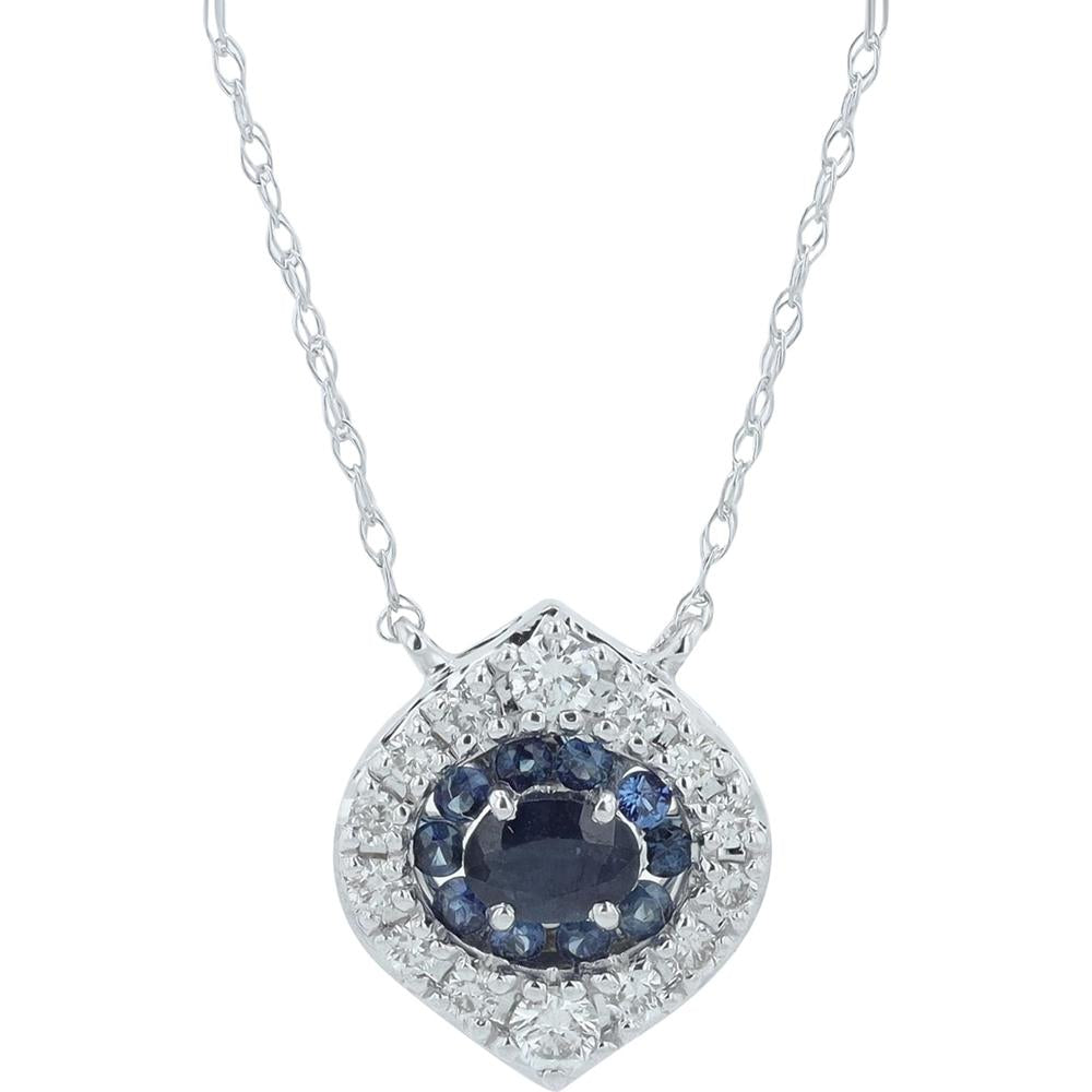 14K White Gold Necklace with 0.35 - 0.44 Carat Oval Sapphire and 0.20 Carat Diamond Halo Pendant
