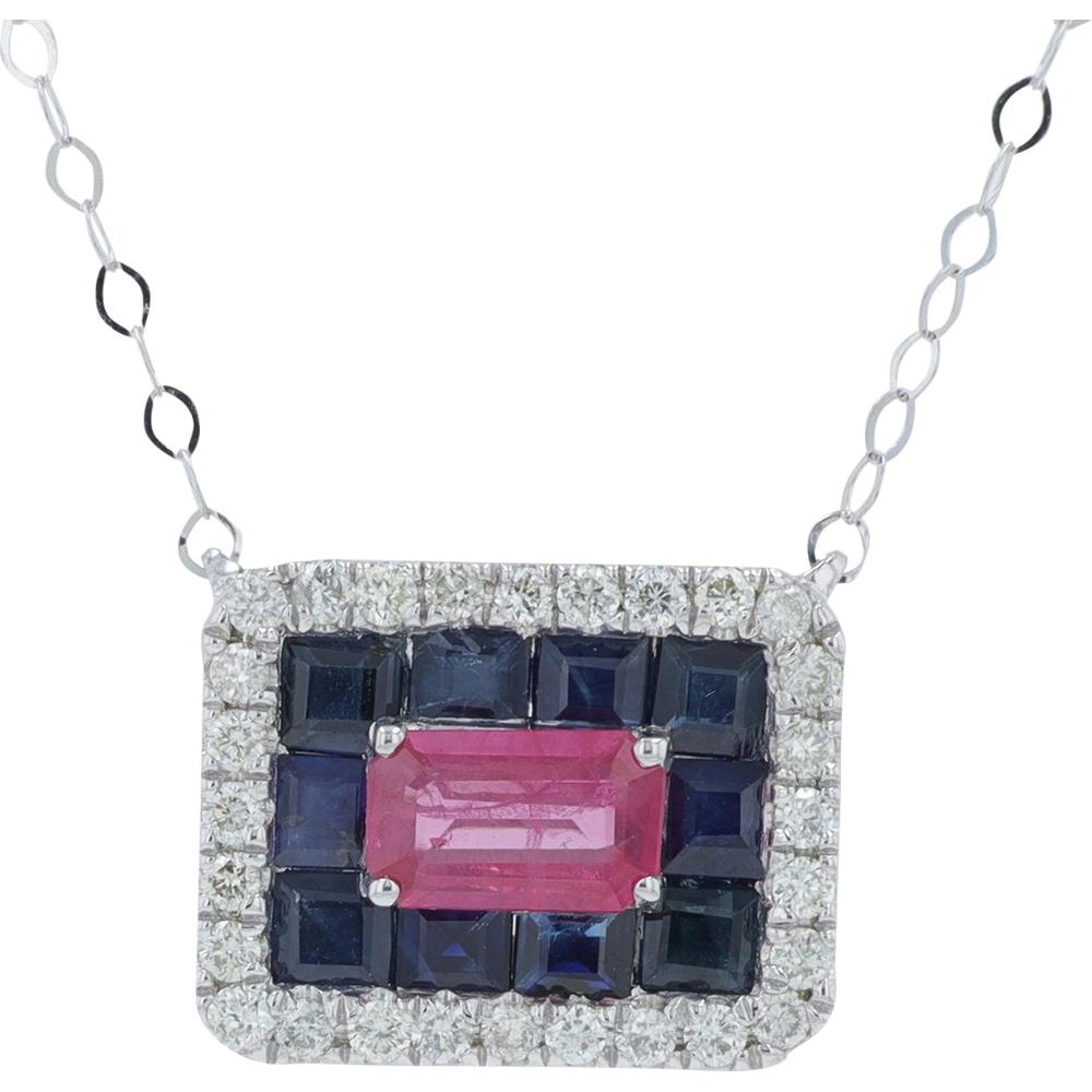 14K White Gold Necklace with 1 Carat Sapphire & Ruby Center, 0.16 Carat Total Diamond Weight