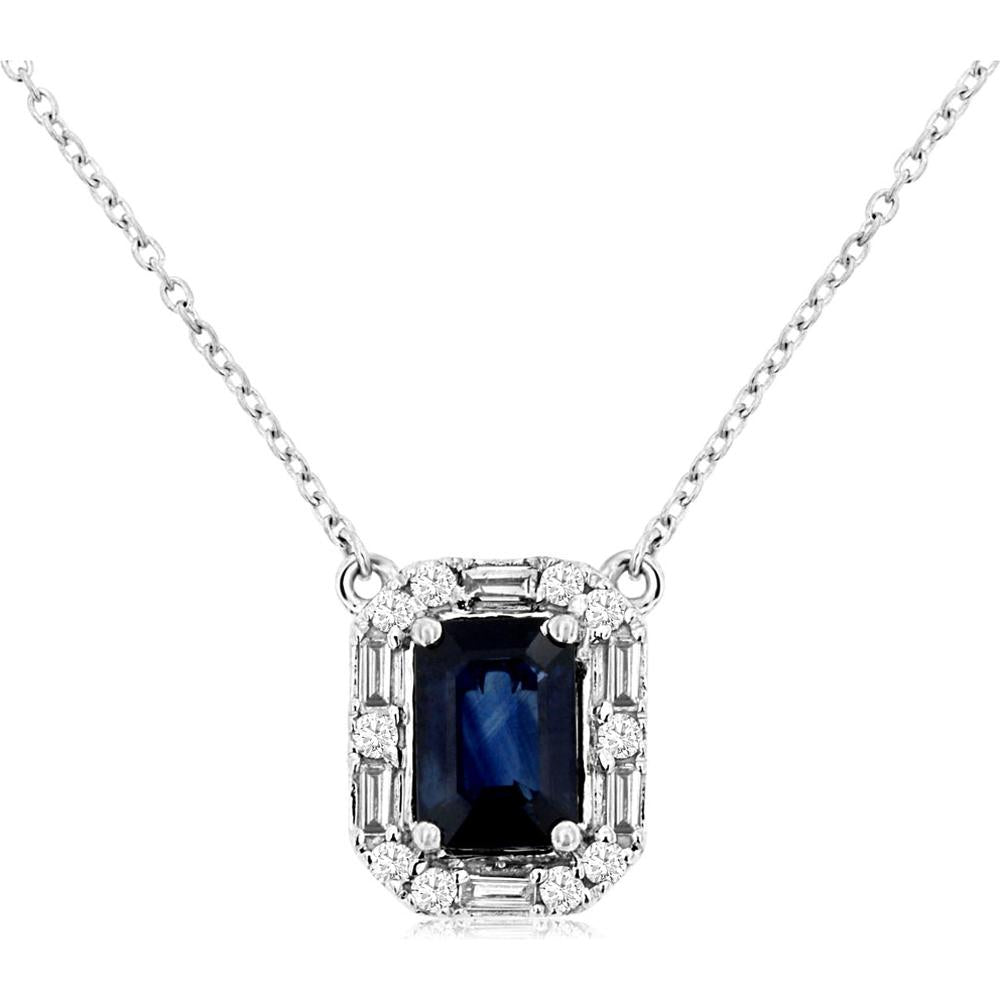 14K White Gold Necklace with Emerald Cut Sapphire and Diamond Halo Frame - 1.00 Carat Sapphire & 0.19 Carat Total Diamond Weight - Royal Jewelry