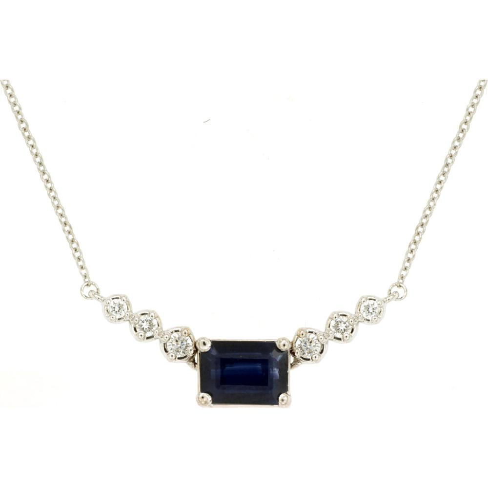 14K White Gold Necklace with Rectangular Sapphire and Diamond Accents - 1.09 Carat Sapphire & 0.14 Carat Total Diamond Weight - Royal Jewelry