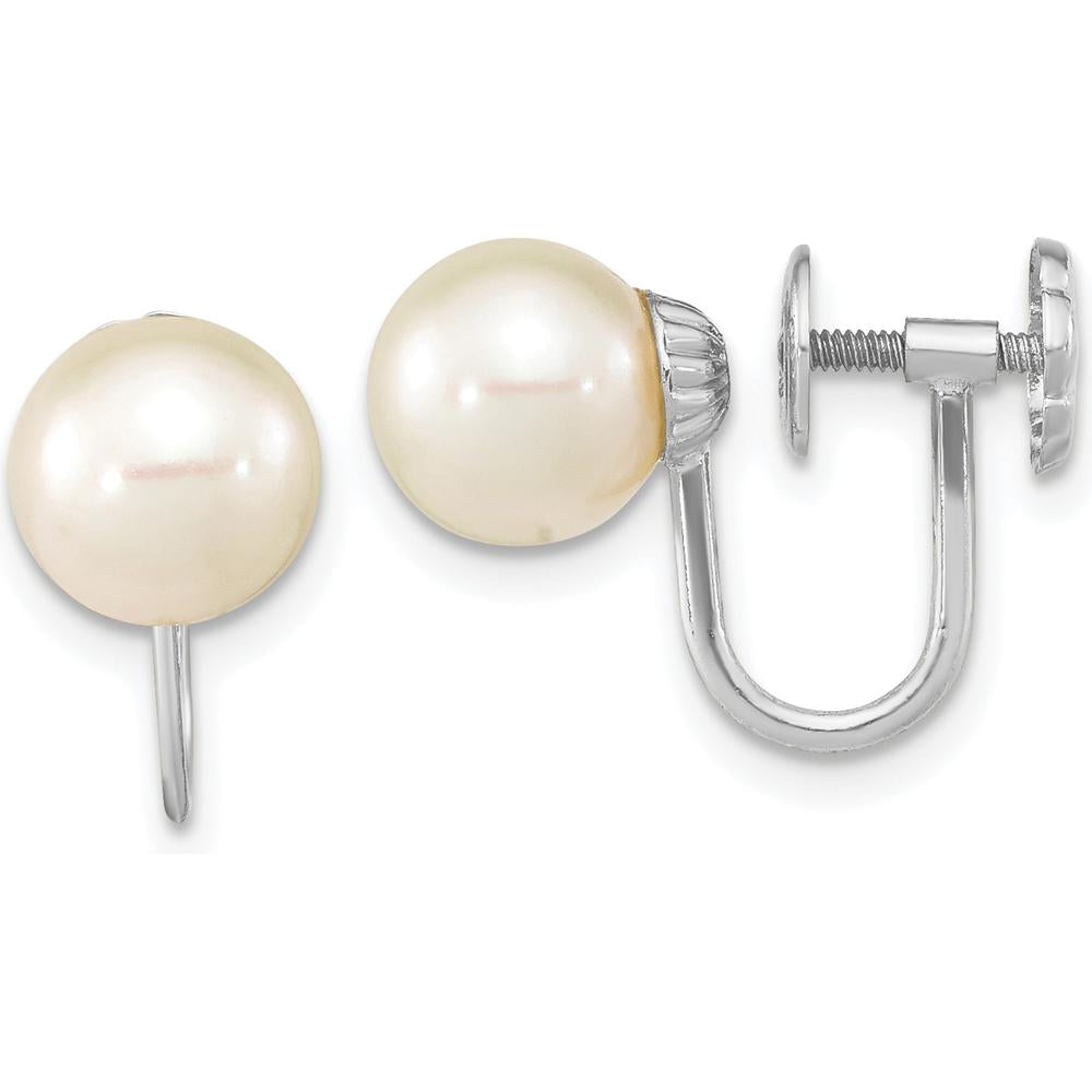 14K White Gold Non-Pierced Drop Earrings with 7-8mm Round Freshwater Cultured Pearls by Monteluci Fine Jewelry