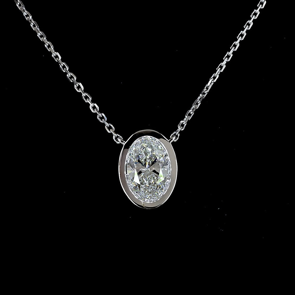 14K White Gold North-South Bezel Set Oval Lab Diamond Solitaire Pendant - 1.00 Carat Total Weight, D IF Clarity with IGI Certification - Covaloro Fine Jewelry