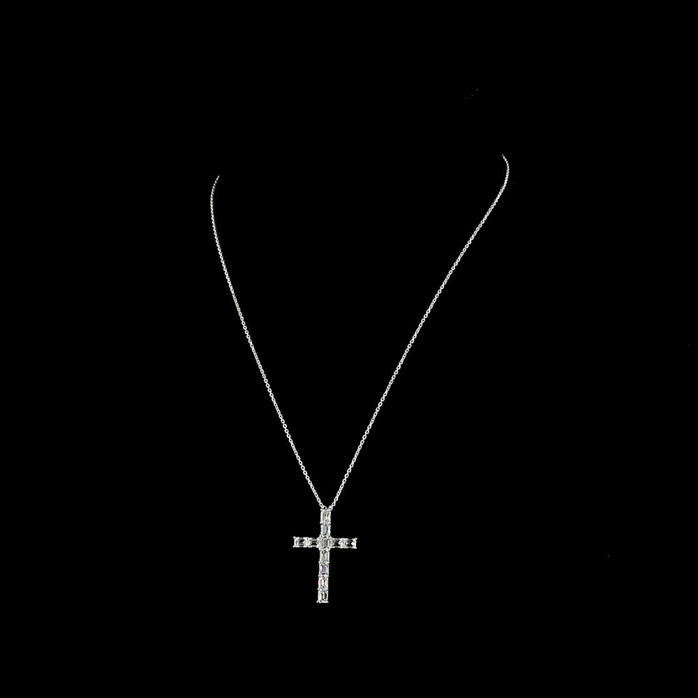 14K White Gold North-South Cross Pendant with 11 Emerald Cut Lab Grown Diamonds - 2.17 Carat Total Diamond Weight, E-F Color VS1 Clarity - Covaloro Fine Jewelry