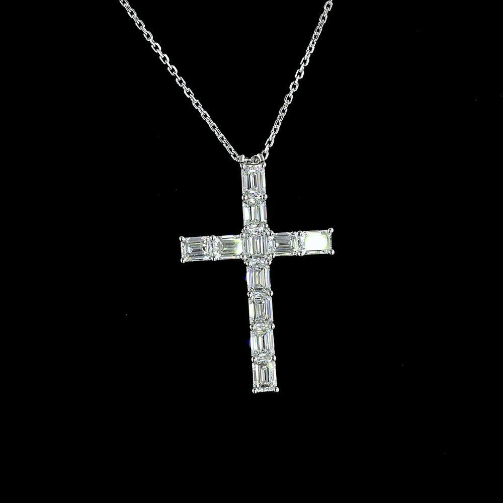 14K White Gold North-South Cross Pendant with 11 Emerald Cut Lab Grown Diamonds - 2.17 Carat Total Diamond Weight, E-F Color VS1 Clarity - Covaloro Fine Jewelry