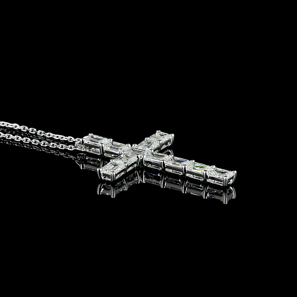 14K White Gold North-South Cross Pendant with 11 Emerald Cut Lab Grown Diamonds - 2.17 Carat Total Diamond Weight, E-F Color VS1 Clarity - Covaloro Fine Jewelry