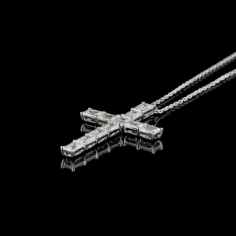 14K White Gold North-South Cross Pendant with 11 Emerald Cut Lab Grown Diamonds - 2.17 Carat Total Diamond Weight, E-F Color VS1 Clarity - Covaloro Fine Jewelry