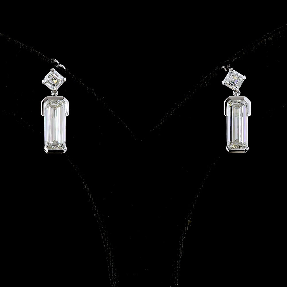 14K White Gold North-South Drop Earrings with Asscher and Emerald Cut Lab Diamonds - 4.79 Carats Total Diamond Weight - Covaloro Fine Jewelry