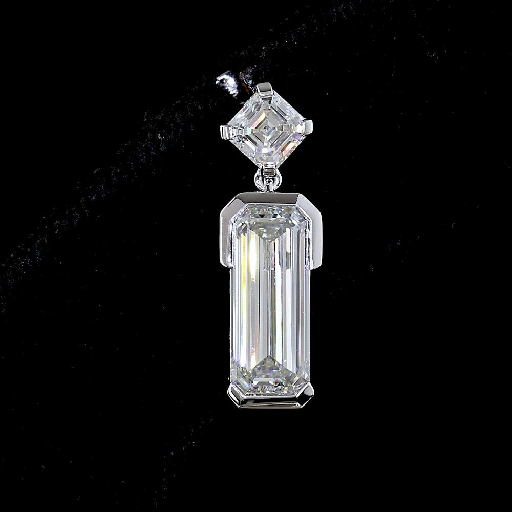 14K White Gold North-South Drop Earrings with Asscher and Emerald Cut Lab Diamonds - 4.79 Carats Total Diamond Weight - Covaloro Fine Jewelry