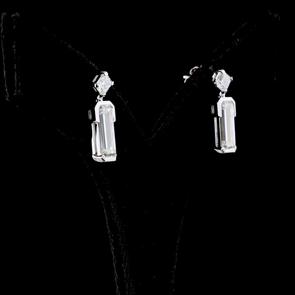 14K White Gold North-South Drop Earrings with Asscher and Emerald Cut Lab Diamonds - 4.79 Carats Total Diamond Weight - Covaloro Fine Jewelry