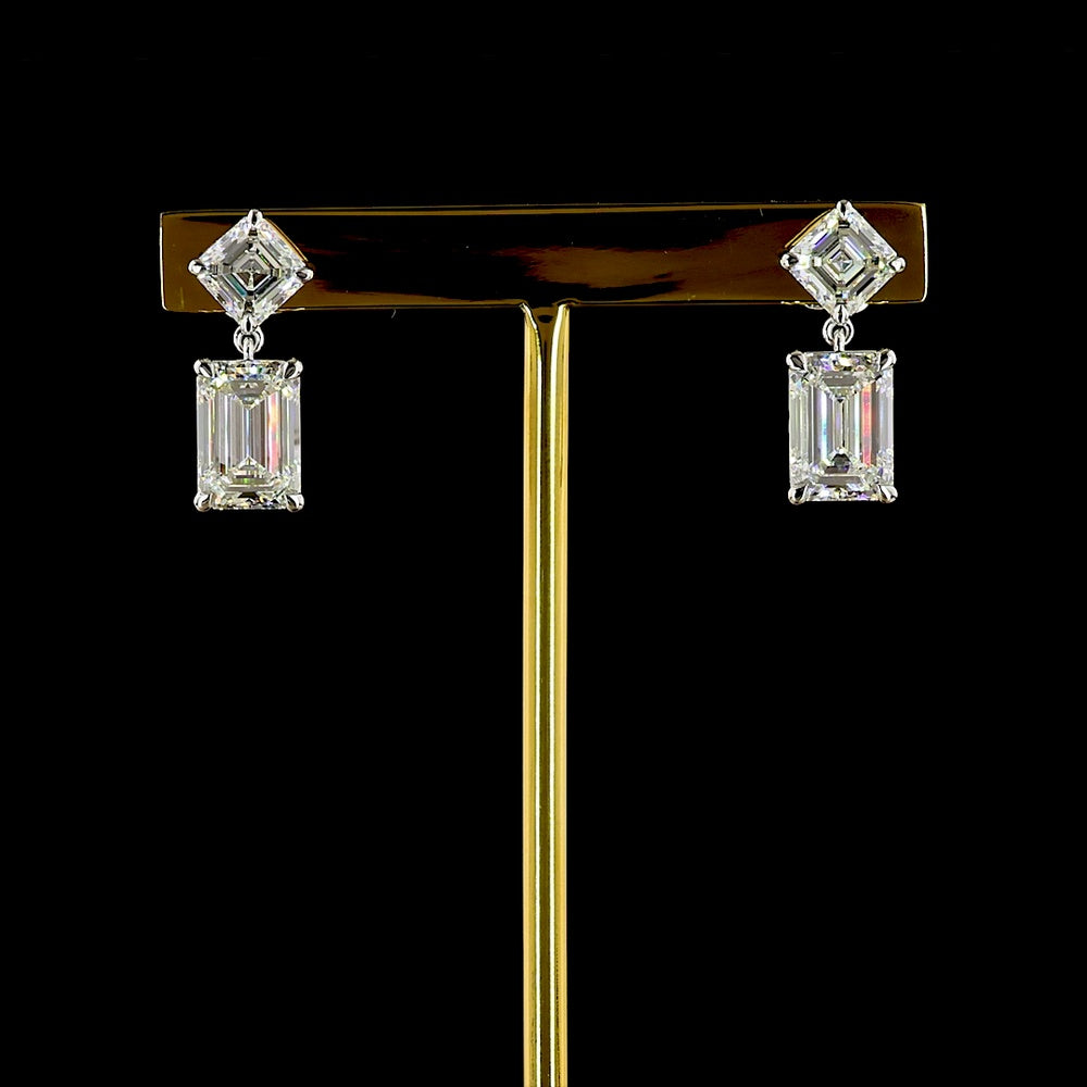 14K White Gold North-South Drop Earrings with Asscher and Emerald Cut Lab Diamonds - 7.29 Carats Total Diamond Weight - Covaloro Fine Jewelry