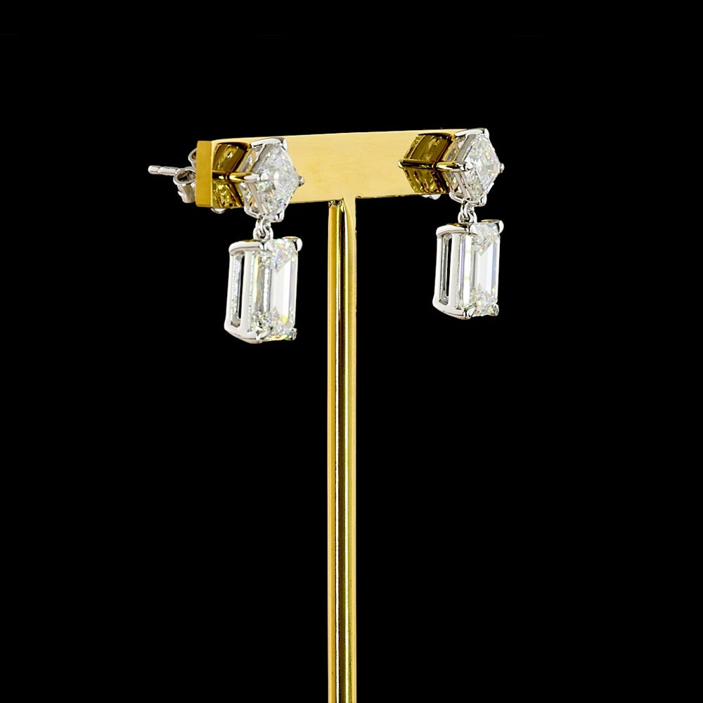 14K White Gold North-South Drop Earrings with Asscher and Emerald Cut Lab Diamonds - 7.29 Carats Total Diamond Weight - Covaloro Fine Jewelry