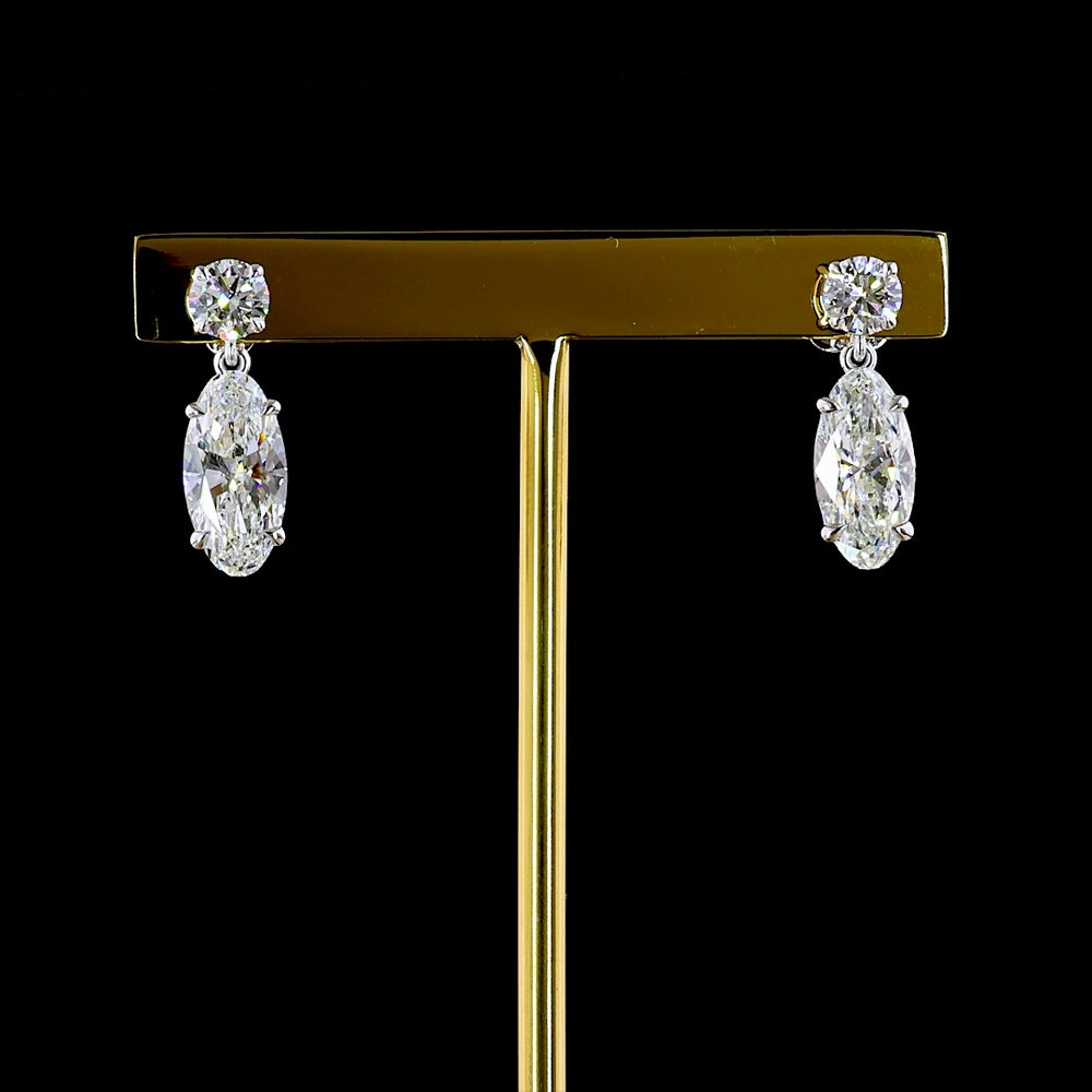 14K White Gold North-South Drop Earrings with Brilliant Top and Moval Cut Lab Diamonds - 4.36 Carats Total Diamond Weight - Covaloro Fine Jewelry