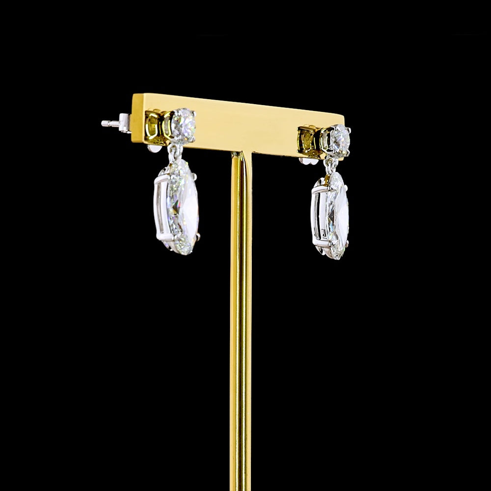 14K White Gold North-South Drop Earrings with Brilliant Top and Moval Cut Lab Diamonds - 4.36 Carats Total Diamond Weight - Covaloro Fine Jewelry