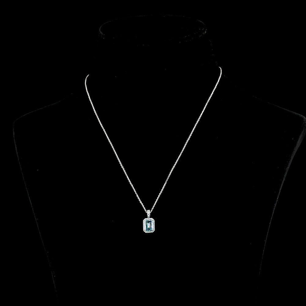 14K White Gold North-South Halo Pendant with 1.55 Carat Emerald Cut Fancy Vivid Blue Lab Diamond and 0.18 Carat Round Brilliant Lab Diamonds - 1.73 Carat Total Diamond Weight - Covaloro Fine Jewelry
