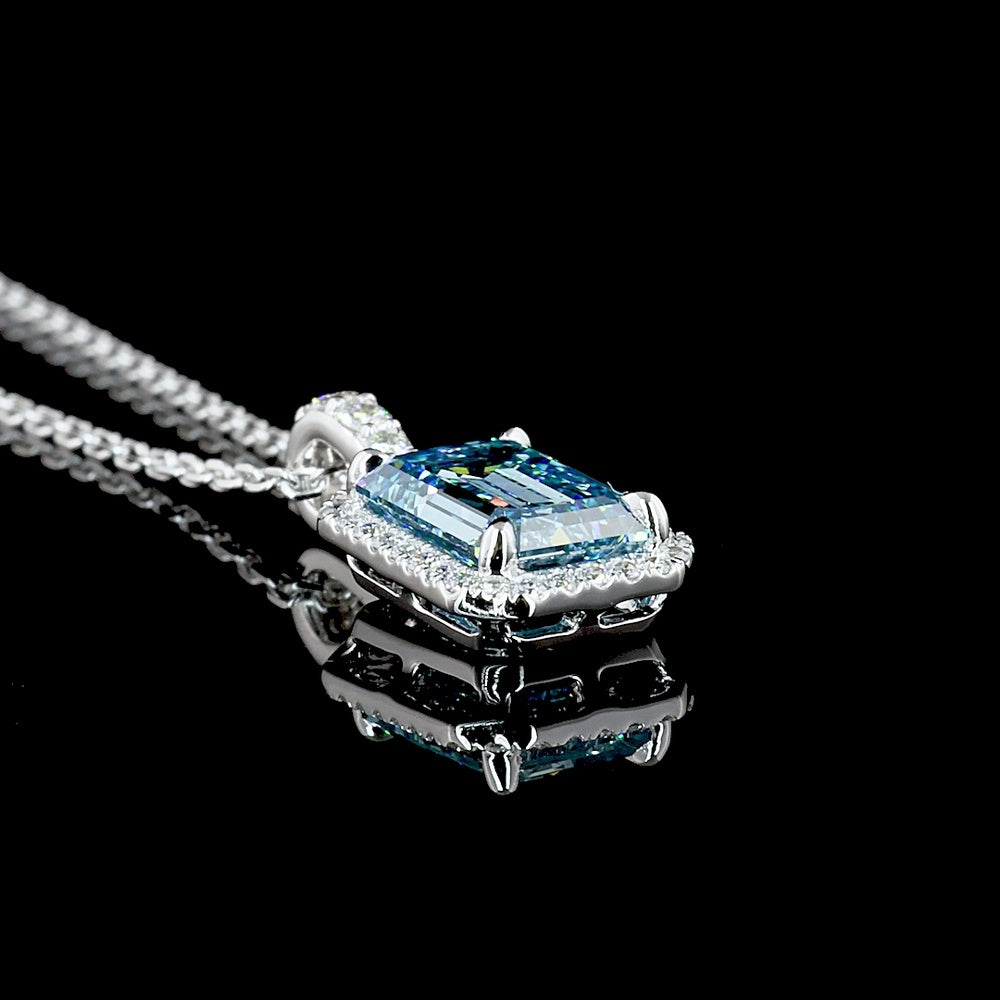 14K White Gold North-South Halo Pendant with 1.55 Carat Emerald Cut Fancy Vivid Blue Lab Diamond and 0.18 Carat Round Brilliant Lab Diamonds - 1.73 Carat Total Diamond Weight - Covaloro Fine Jewelry