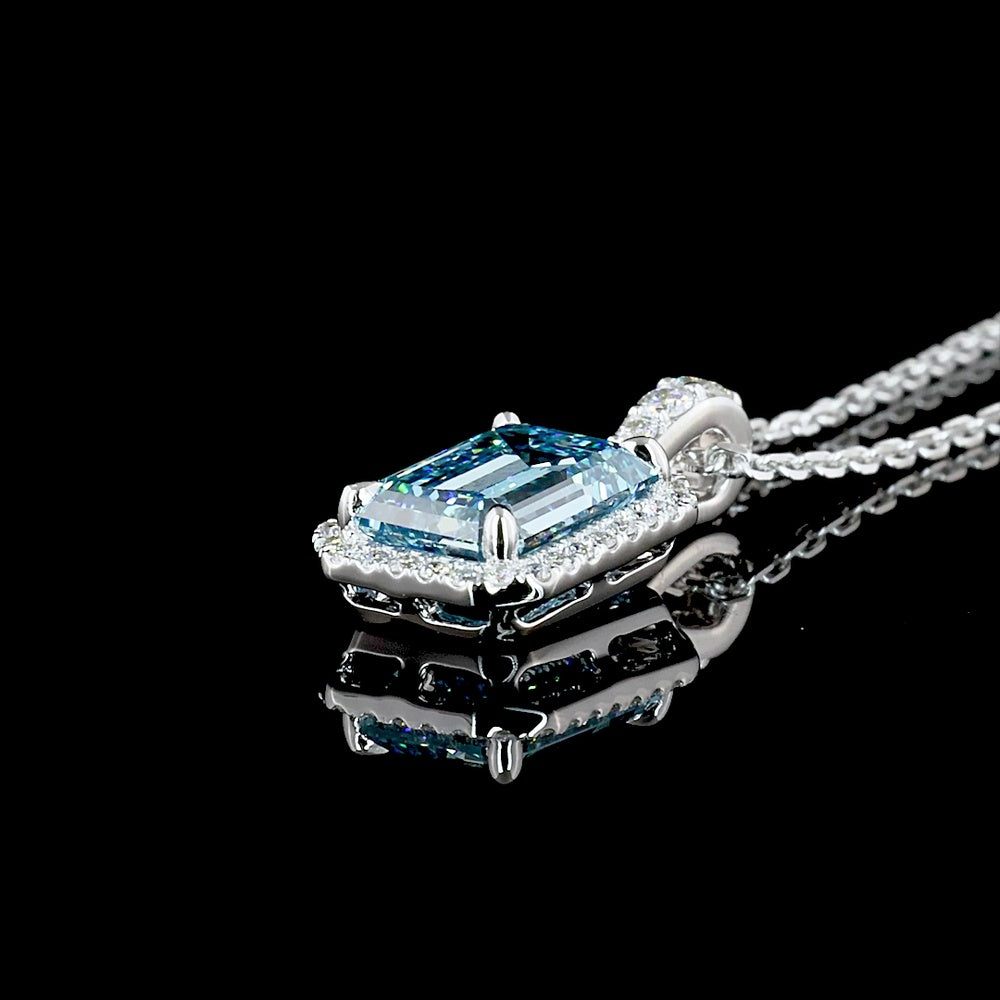 14K White Gold North-South Halo Pendant with 1.55 Carat Emerald Cut Fancy Vivid Blue Lab Diamond and 0.18 Carat Round Brilliant Lab Diamonds - 1.73 Carat Total Diamond Weight - Covaloro Fine Jewelry