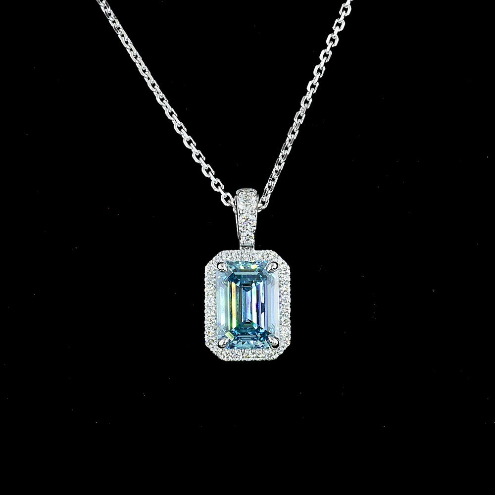 14K White Gold North-South Halo Pendant with 1.55 Carat Emerald Cut Fancy Vivid Blue Lab Diamond and 0.18 Carat Round Brilliant Lab Diamonds - 1.73 Carat Total Diamond Weight - Covaloro Fine Jewelry