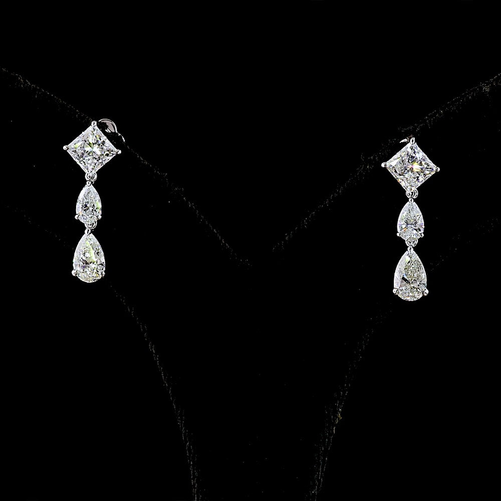14K White Gold North-South Hanging Earrings with Princess Cut and Pear Shape Lab Diamonds - 2.97 Carats Total Diamond Weight - Covaloro Fine Jewelry