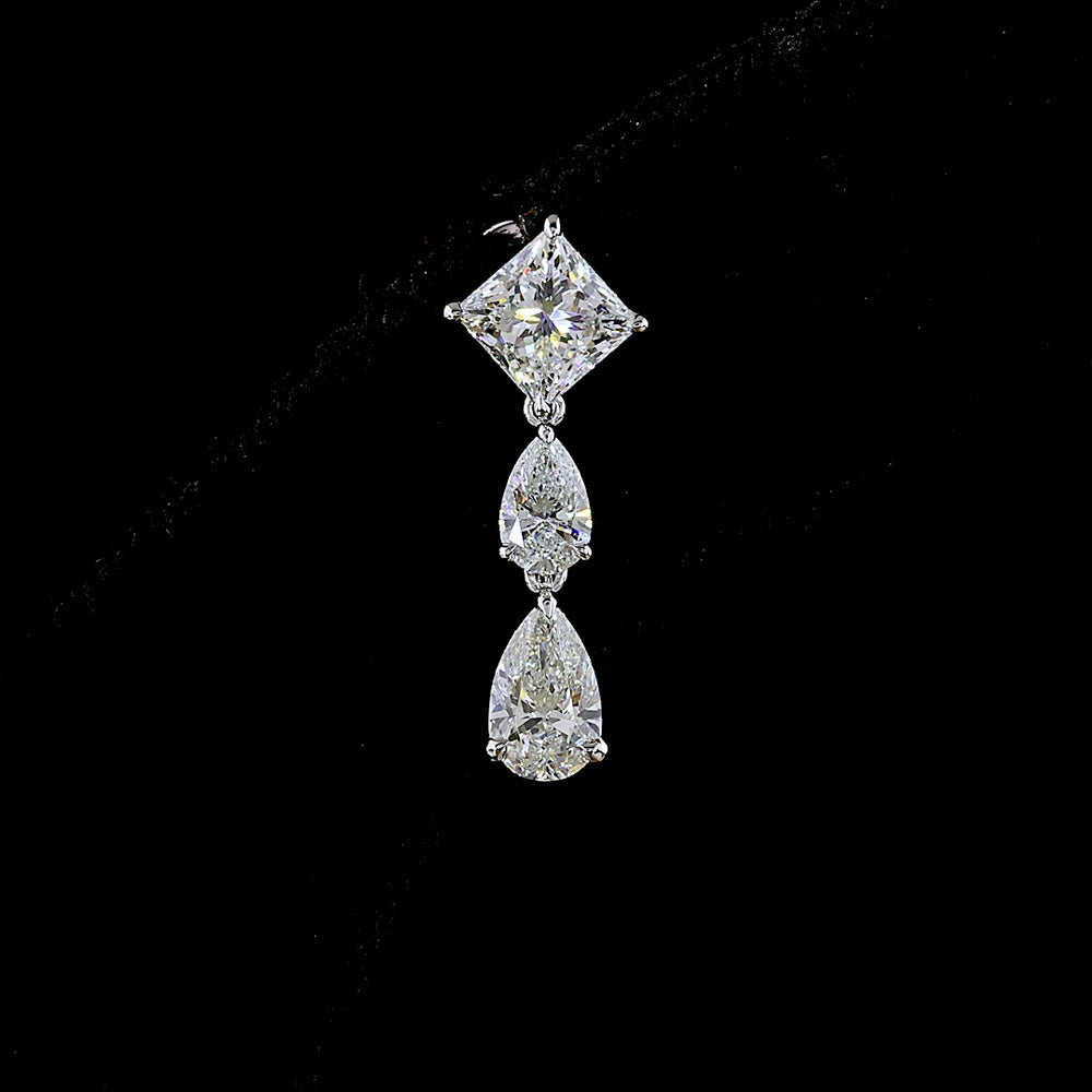 14K White Gold North-South Hanging Earrings with Princess Cut and Pear Shape Lab Diamonds - 2.97 Carats Total Diamond Weight - Covaloro Fine Jewelry